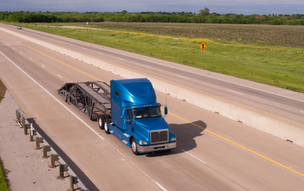 Blue Big Rig Semi Truck Car Hauler Highway Transportation